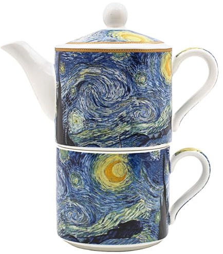 The Leonardo Collection Vincent Van Gogh Van Gogh - Té de noche estrellada para uno con taza y tetera a juego, tetera de cerámica ideal para el hogar y al aire libre, sin tensión de té, regalo