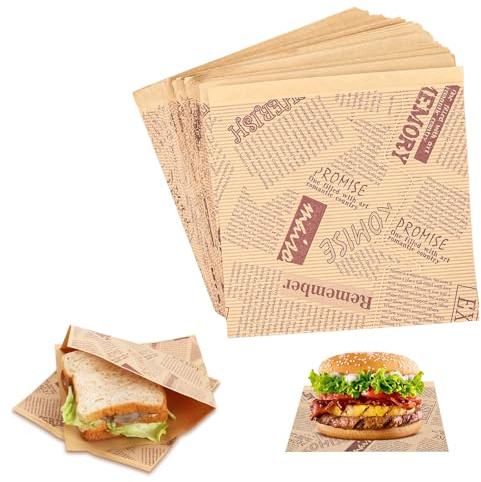 Culinavog 150 Feuilles Papier Emballage Alimentaire, 15x15 cm Papier Alimentaire Résistant à la Graisse Journal Rétro, Sachet pour Sandwich, Frites, Burger, Snack, Restauration Rapide