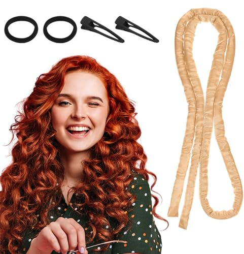 XLIUAX Heatless Curls Band, Hitzefreies Lockenband Stirnband über Nacht Heatless Curls Dünn mit 2 Haargummis, 2 Haarspange, weiche Lockenwickler für Kurzes und Langes Haar ohne Hitze (Gold)