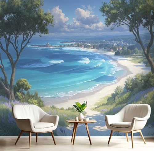 Carta Da Parati Effetto 3D Spiaggia Strada 400×280cm, Fotomurali Non Tessuto XXL, Decorazione Poster Arte Murale Astratto Costa Città per Casa Ufficio Camera Letto Soggiorno