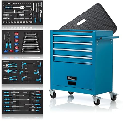 NTG Werkstattwagen gefüllt inkl. Werkzeug 70 Teile - 4 Schubladen + großes Fach + Kniekissen - Kugelgelagerte Schubladen - 2 Rollen m. Feststellbremse - Werkzeugwagen - PERFEKTE WERKSTATTORGANISATION