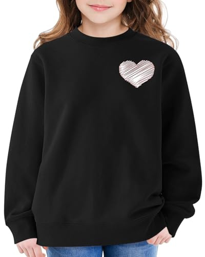 Mjjsk rund hals tröjor för flickor trendig hjärta grafisk tröja barn mode långärmad pullover toppar avslappnad komfort Preppy kläder, Svart, 3-4 Years