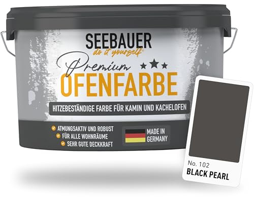SEEBAUER diy Ofenfarbe Schwarz für Innen 2,5L (No. 102 Black Pearl) - Hitzebeständige Wandfarbe für Putz, Beton & Mauerwerk - Abwaschbare Farbe für Kamin und Kachelofen