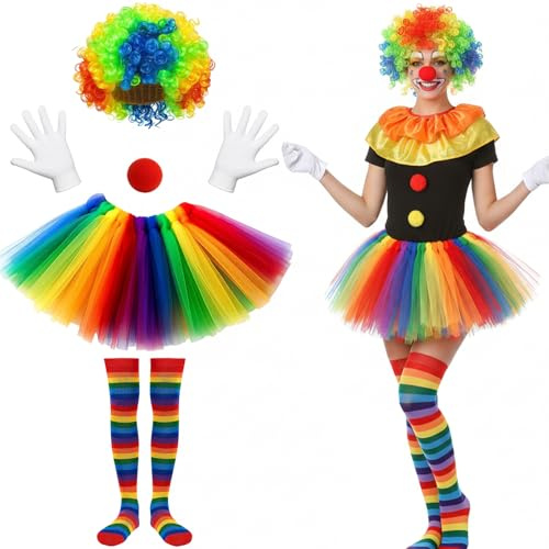 JrnSvp Clown Kostüm Damen, Karneval Kostüm, 5 Teilig Joker Kostüm für Damen Karnevalskostüme Damen für Halloween und Mottopartys, Inklusive Perücke, Nase, Handschuhe, Socken und Kleid