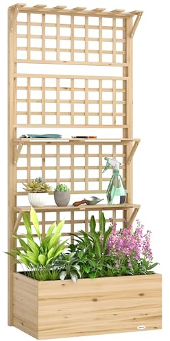 Outsunny Aiuola Rialzata in Legno con Traliccio e Tetto, Fioriera da Esterno Elevata con 2 Mensole, Foro di Drenaggio e Rivestimento per Piante Rampicanti, Verdure e Fiori, Naturale