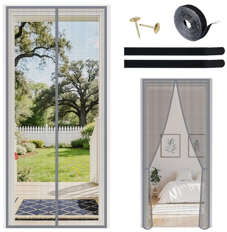 Magnetic Fly Screen Door Curtain 100x210cm (Gray)- No Drill Installation | with Reinforced Hook-and-Loop Fasteners & Side Buckles, Strong Magnets & Weighted Bottom for Patio, Balcony, Bedroom Doors