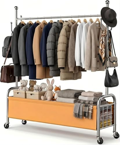 HOMICKER Burro Ropa con Ruedas de Acero Inoxidable, Perchero Burro con Cesta de Almacenaje, Perchero de Pie Estable, Barra para Ropa Resistente, 3 en 1 Tendedero Organizador