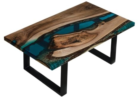 Genérico Mesa de Centro de Nogal Macizo con Resina Epoxi Azul, Patas de Metal Negro, Diseño Moderno, Hecha a Mano (Azul, 80 X 50 cm)