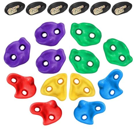 szaluyk Kletterset Kinder – Belastbare Strukturierte Steine | 12 Klettersteine Greifset – 6 Schwerlast Ratschenbänder Outdoor Spielplatz Zubehör Koordination Training Bunt