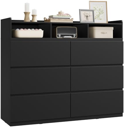 WOLTU Kommode, mit 6 Schubladen und 3 offenen Fächern | Moderner Schubladenschrank, für Schlafzimmer Wohnzimmer Flur, aus Holzwerkstoff, 120x40x100 cm, Schwarz