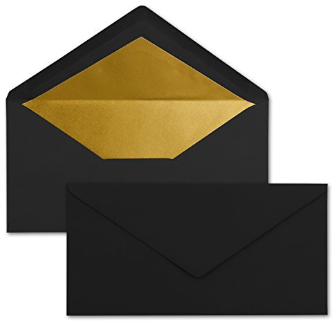 15 Brief-Umschläge DIN Lang - Schwarz mit Gold-Metallic Innen-Futter - 110 x 220 mm - Nassklebung - festliche Kuverts für Weihnachten