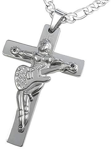 AURSTORE Pendentif Croix Guitare JH, Collier Johnny hallyday, Vendue à Ses Concerts, Parure en Acier Inoxydable avec Cordon en Cuir de 55cm ou chaine Acier 60cm, Acier inoxydable, Pas de gemme
