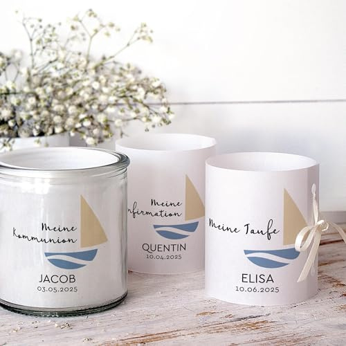 Set 8 x personalisierbare Lichthülle für Tischlicht Motiv Boot Kommunion Konfirmation Taufe Firmung blau beige