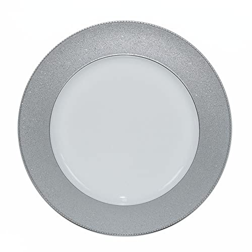 12 Sottopiatti Bianco Natale con Bordo Glitter Argento Liscio Tondo 33 cm per Cenone, Capodanno, Cena, Aperitivo - Fondo Bianco, Silver Natalizi