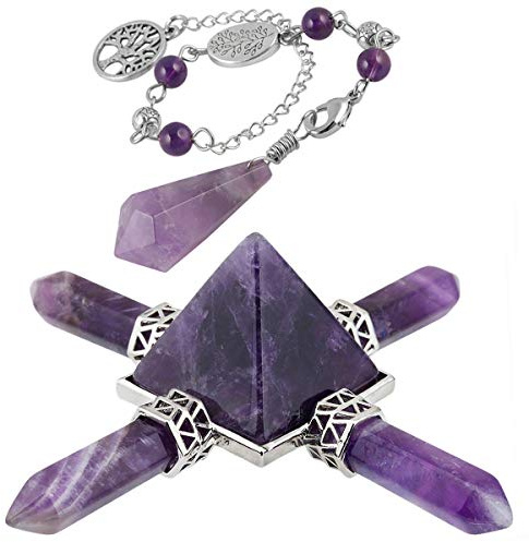 Nupuyai Amethyst Healing Crystal Quartz Point Pyramid & Pendulum Set | Dowsing Pendulum, Chakra Quartz Point Pyramid, Divination, Reiki, Meditation, Energy Balancing, Spiritual Gift for Home Decor