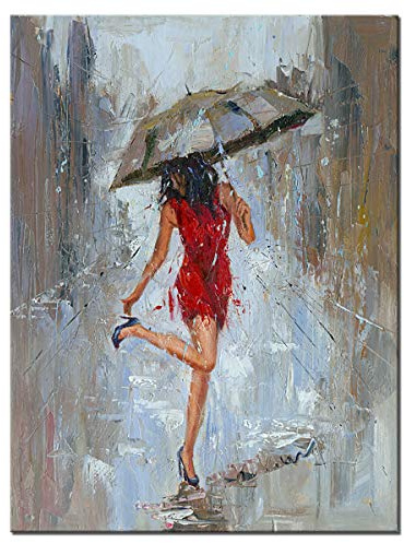 Large Abstract Canvas Wall Art Rain Modern Print Painting Girl Umbrella with Red Dress Walking in Street Huge Figure Artwork
