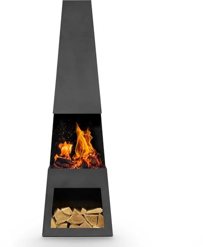 Dellonda Outdoor/Garden/Patio Pyramid Chiminea, Fireplace, Fire Pit, Heater with Firewood Storage, W45 x H150cm - Black Steel - DG107