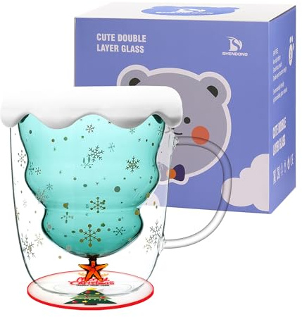 SHENDONG Christmas Tree Coffee Mugs Cute Mugs with Lid Tea Cup Milk Cup Double Wall Insulated Glasses Espresso Cup Best Christmas Gifts for Women Kids Girls Men Office and Personal