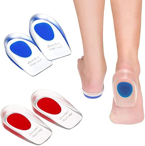 LATRAT Lot de 2 paires de talonnettes en silicone pour fasciite plantaire, surélévation du talon, env. 1,5 cm pour hommes et femmes, bleu, taille 40-45, rouge, taille 34-39