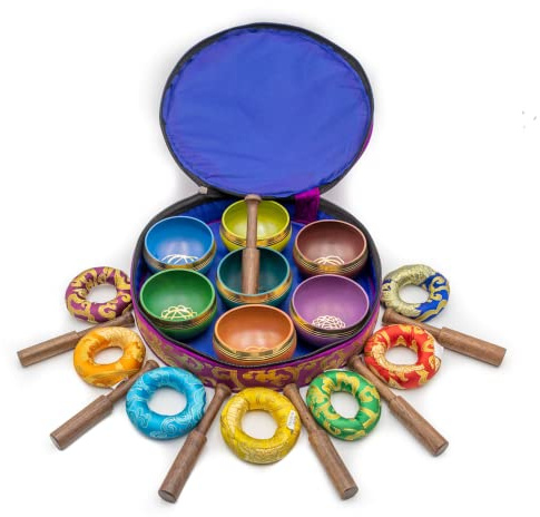 Fwosi Tibetische Klangschale - 7 Klangschalen Meditationsset mit Tragetasche - Schlägel, Schlägel, Kissen - Antike Instrumente für Yoga, Energie, Chakra-Heilung, Achtsamkeitsglocke