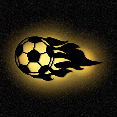 Namofactur Fußball-Wandlampe aus Holz mit warmweißer LED für Kinder | Batteriebetrieben und mit Edelstahl-Wandhalter – Fußball-Nachtlicht für Kinderzimmer und als Geschenk zur Geburt oder Taufe