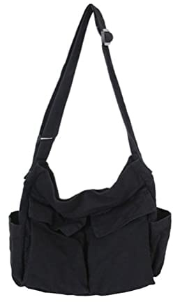 Knowoo Messenger Bag Canvas Umhängetasche Große Kapazität Hobo mit Mehrere Taschen Lässige Taschen Tragetasche Frauen und Männer Shopping Arbeit Reisende, Schwarz, M