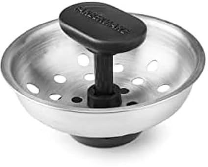 Farberware Professional Kitchen Sink Basket Strainer for Standard Drains to Prevent Clogs, Sleek Matte Finish Stainless Steel Body With Rubber Stopper and Easy Lift Handle