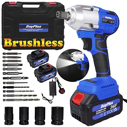 Brushless Impact Wrench 1/2 inch Power Impact Gun, 3200RPM Variable Speed 420Nm High Torque Power Impact Wrench, 21V Electric Impact Driver with 2x6.0Ah Batteries, 4 Sockets, 12 Drill/Screws Bit Set