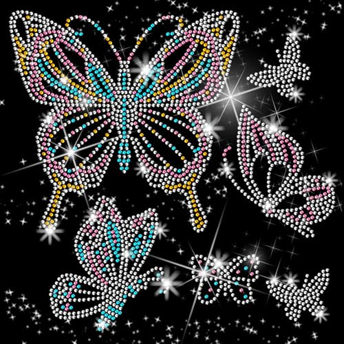 ORIGACH 6 Stück Schmetterlings Strass Transfer zum Aufbügeln für DIY | Wärmeübertragung Strass Hotfix Transfer Patch, Bling Aufkleber, Glitzer Patches für Kleidung, Taschen, Reparatur, Handwerk