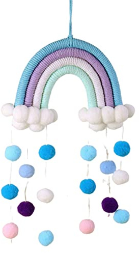 VIONNPPT Makramee Süße Regenbogen Wandbehang, Bunt Zimmer Ornament Anhänger, Wanddekor Kunst für Kinder Mädchen Baby Kinderzimmer Wohnzimmer Schlafzimmer (Blau)