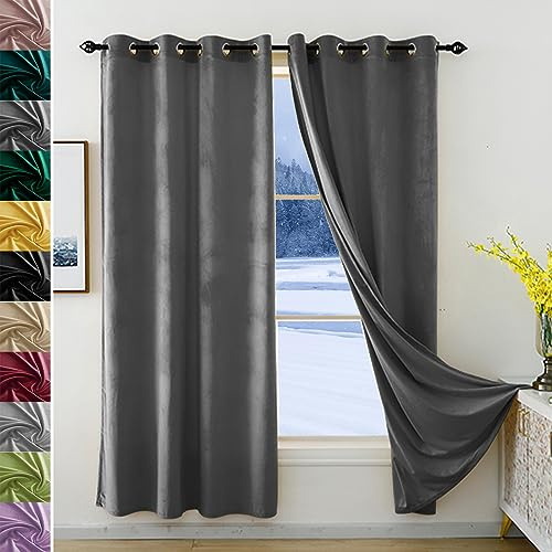 JRUI Cortinas Terciopelo 1 Piezas, Cortinas Salon con Ojales, Cortina Termica 160 x 240 cm(AnchoxAlto), Blackout Curtains Aislamiento Acustico, para Habitacion Dormitorio/Salon/Comedor, Gris Oscuro