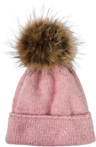 styleBREAKER Cappello a Pompon da Donna Monocolore con Paillettes e Fodera in Pile, Cappello a Pompon Invernale in Pelliccia, Cappello a Maglia 04024210, Colore:Rosa Antico Vecchio