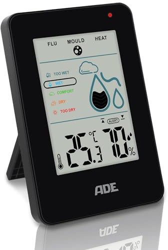ADE Digitales Hygrometer innen mit Schimmelalarm | Feuchtigkeitsmessgerät mit Thermometer | großes LCD-Display | schwarz