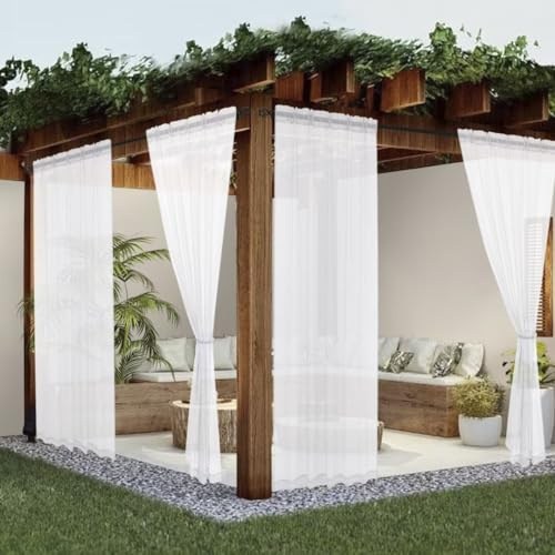 youleyar Durchsichtige Outdoor-Vorhänge, Terrasse, wasserdicht, 2 Paneele, Leinenoptik, Stangentasche, Innenbereich, Voile, Wohnzimmer Schlafzimmer Veranda Pergola Cabana Pavillon, 132 x 244 cm, Weiß