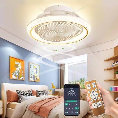 Qiaomao LED Deckenleuchte mit Ventilator, Moderne 360° Drehung Deckenventilatoren mit Beleuchtung App Fernbedienung, 72W Dimmbar Timer Lampe mit Ventilator für Schlafzimmer Licht Ventilator Gold 49cm