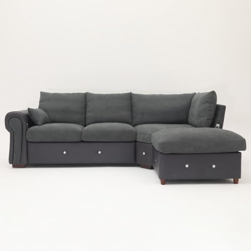 Panana 4-5 Seater L Shape Corner Chaise Sofa, Dark Grey Linen & Faux Leather, Wood Frame, USB Port, Easy Assembly