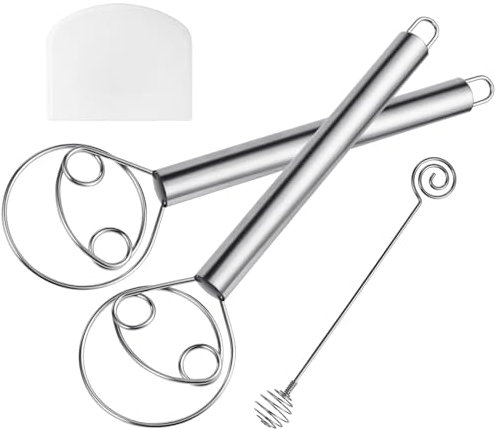 HOTUT 2 PCS 12 Inch Double Eyes Stainless Steel Danish Dough Whisk, Handheld Double Circle Flour Whisk for Whisking, Baking, Beating