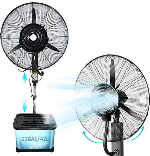 Portable Oscillating Misting Fan with 11 Gallon Tank, Height Adjustable Outdoor Industrial Mister Oscillating Pedestal Fan, 3 Power Settings