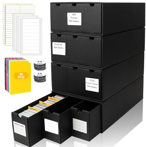 QLOUNI Trading Card Storage Box, Includes 12-600 CT Boxes & 48 Card Dividers, 12000+ Trading Card Organizer for Collectible Card Games, for TCG, MTG, PTCG, Baseball Cards, with Labels & Tapes