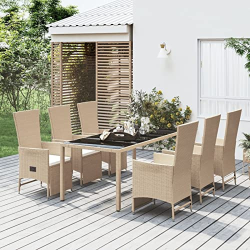 Homgoday Set da pranzo da giardino 7 pezzi con cuscini in rattan sintetico beige, sedia tavolo cucina esterno terrazza patio balcone mobili tipo 2 sedie da giardino