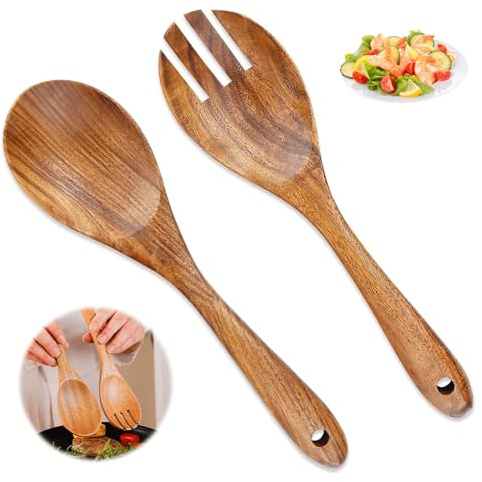 2 Pcs Salad Spoon and Fork Set, Wooden Salad Servers, 10.2inch Durable Wood Salad Mixing Dinner Fork and Spoon,Wooden Spoon Fork, Salad Mixing Wood Serving Spoons Set for Serving Salad Kitchen Tool