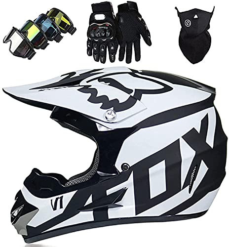 NIKSHI Motorradhelm Kinder Offroad Motorradhelm Set Mit Brille Handschuhe Fahrradhelm Unisex Integral Crosshelm Downhill Vierer Ausdauer ATV Mountainbike Schutzhelm,White-M =（54〜55CM）
