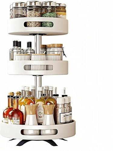 Gewürzhalter Gewürzständer Gewürz Regal Drehbares Gewürzregal Aus Kohlenstoffstahl, Drehbares Küchenregal, Gewürzregal, Sojasaucenflasche, Gewürzbox, Obstlagerung Gewürzregal(White,3 Tier)
