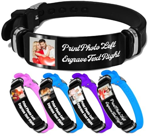 Personalisiertes Foto-Armband mit Gravur von Namen und Text - Verstellbares Silikon für Männer und Frauen - Gedenkgeschenk für Ihn und Paar