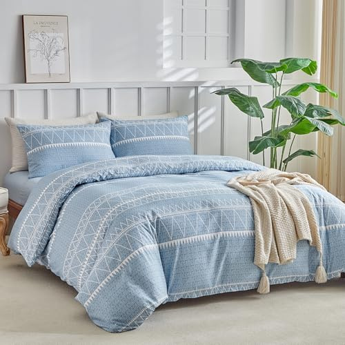 Tokokimo Parure de Lit 160 x 200 4 Pièces Housse de Couette 220x240 cm + Drap Housse 160x200 cm avec 2 Taies d'oreillers 65x65 cm en Microfibre, Design Bohémien, Bleu