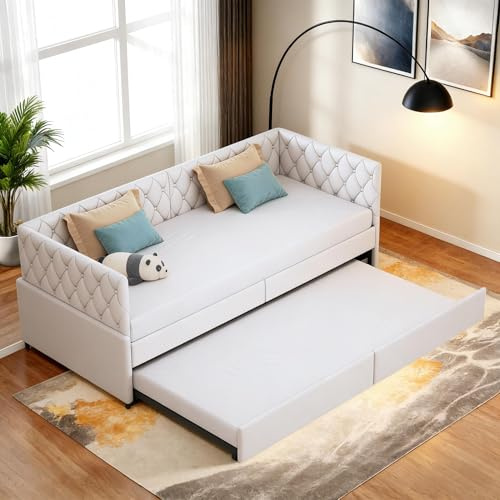 PerGar Schlafcouch Ausziehbar 90 x 200 cm mit Rollen, Einzelbett Kinderbett Schlafsofa mit Schlaffunktion, Ausziehbett Schlafsofa Jugendliche Gästebett mit Lattenrost, Samt, Beige