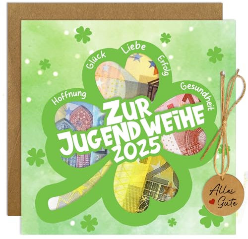 Happirra Geldgeschenk Jugendweihe Karte mit Umschlägen, Geldgeschenke Verpackung Jugendweihe Geschenke Mädchen Junge, Glücksklee Glückwunschkarte Geschenke zur Jugendweihe 2025