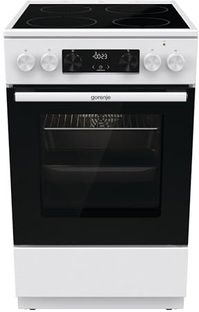 Gorenje GEC5C43WGAMZ Elektro-Standherd mit Glaskeramik-Kochfeld / 50 cm / 70 Liter/Schnellaufheizung/Pizzamodus 300°C/Auftauen/AquaClean/Ergonomische Knebel/ 8 Beheizungsarten/weiß