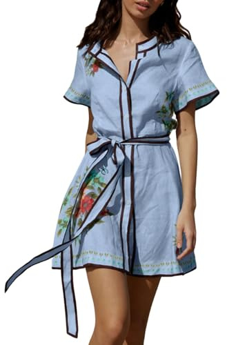 CHARTOU Women's Floral Linen Button Down Wrap Tie Knot Boho Beach Shirt Dress with Belt (Large, Blue)