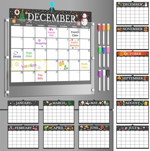 NiHome Magnetic Acrylic Dry Erase Calendar for Fridge with 12 Monthly Sheets and 9 Color Chalk Markers, Reusable Monthly Planner for Meal Prep, Family Schedule, Notes, Grocery Lists and Daily Planning